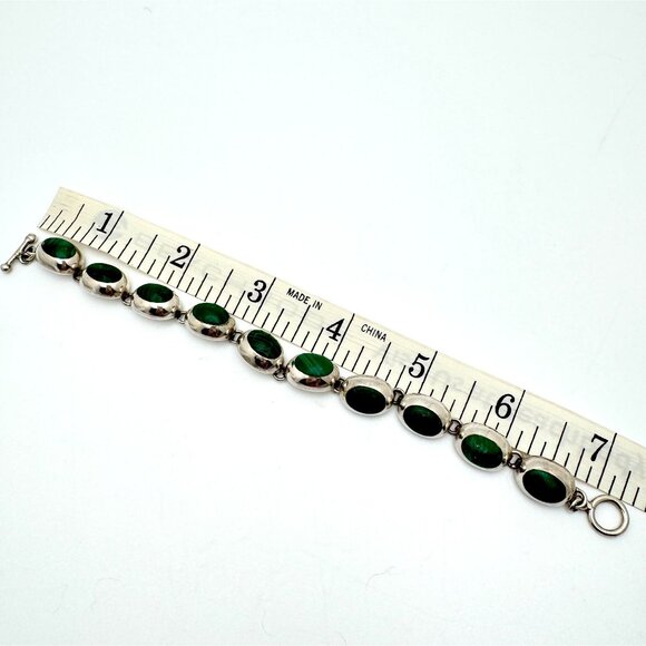 Vtg Mexico 925 Sterling Silver Malachite Bracelet 7.5 Oval Links Toggle Clasp - Picture 4 of 13